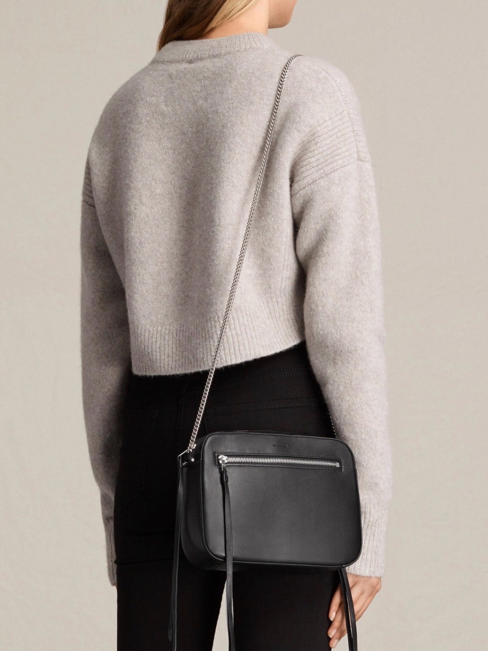 Black Leather Crossbody Bag with Chain Strap